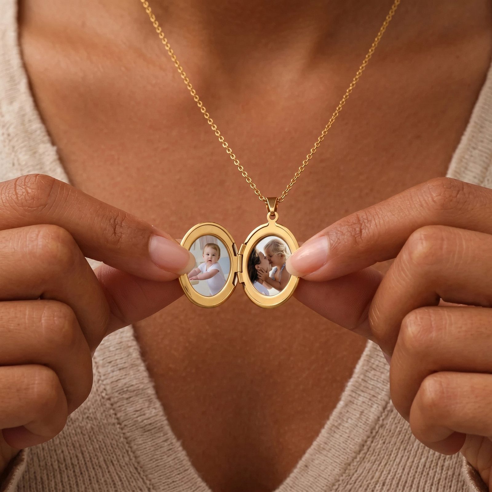 Personalized Gold Oval Locket on Knit Top — Locket Necklaces