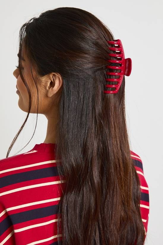 Layers Mid-Back Straight Dark Brown With Red Clip — Half Up Claw Clip