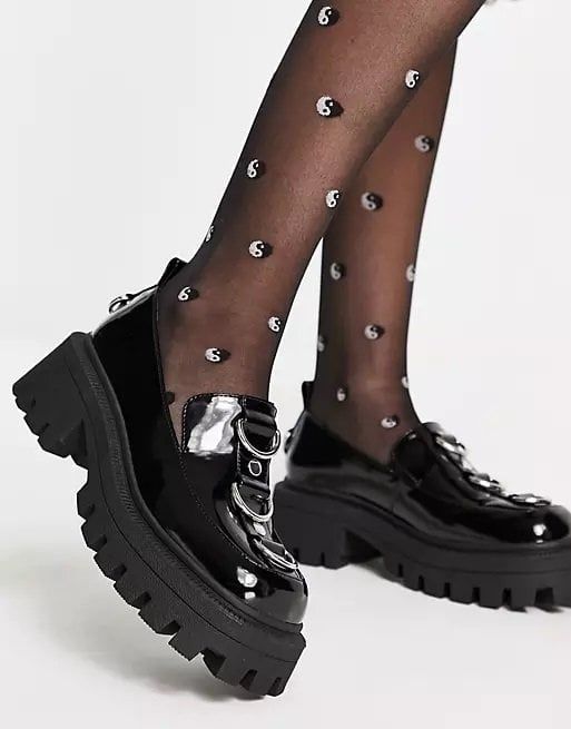 Yin-Yang Tights with Patent Loafers — Chunky Loafers Outfits