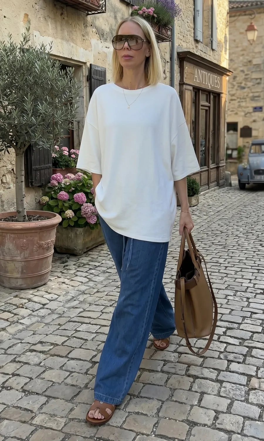 Relaxed Weekend: Oversized Tee and Brown Sandals with Blue Wide Leg Jeans — Wide Leg Jeans Outfits