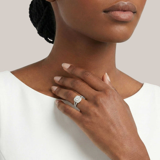 Diamond Halo Engagement Ring with a Thin Silver Band Diamond Halo Engagement Ring with a Thin Silver Band — Silver Jewelry