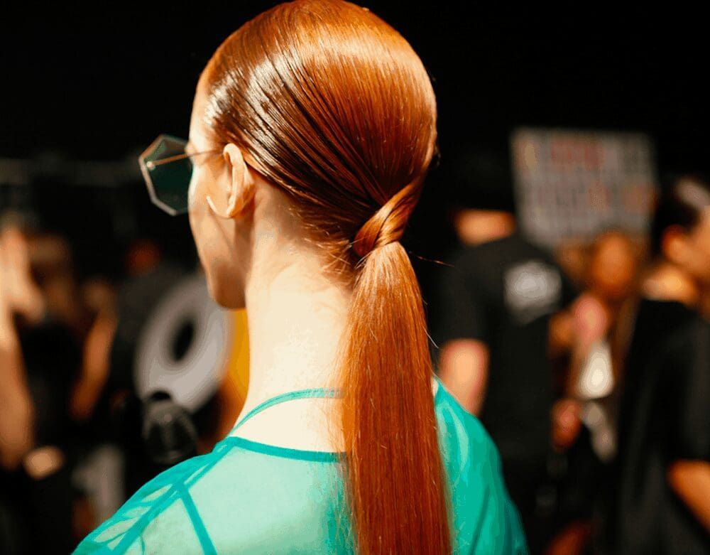 Vibrant Red Wet-Look Ponytail — Sleek Low Ponytail