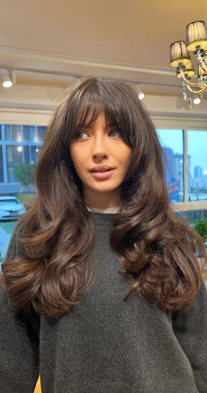 Deep Chocolate Blowout Volume — Long Hair with Bangs