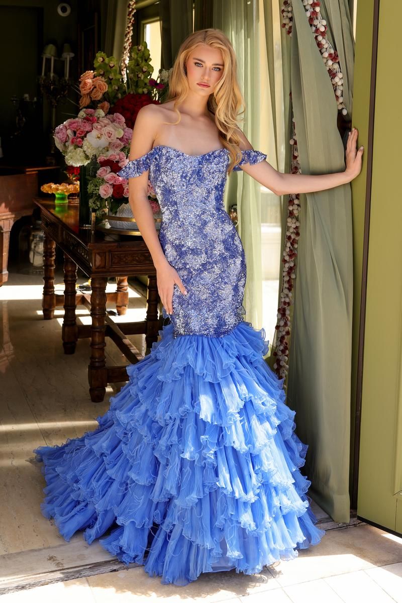 Blue Off-the-Shoulder Dress with Sequined Bodice and Ruffled Mermaid Skirt Blue Off-the-Shoulder Dress with Sequined Bodice and Ruffled Mermaid Skirt — Mermaid Dresses