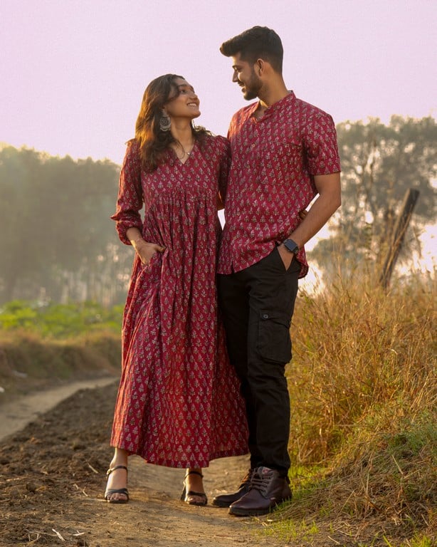 Casual Charm with Red Floral Print Coordination — Matching Couple Outfits