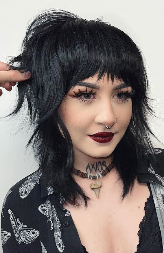 Jet Black Wolf Cut With Micro Fringe Jet Black Wolf Cut With Micro Fringe — Goth Hairstyles