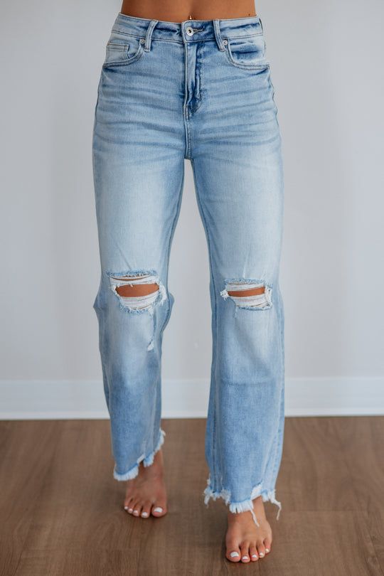 Detail Focus: Wide-Leg Jeans with Knee Rips and Raw Hem — Ripped Jeans