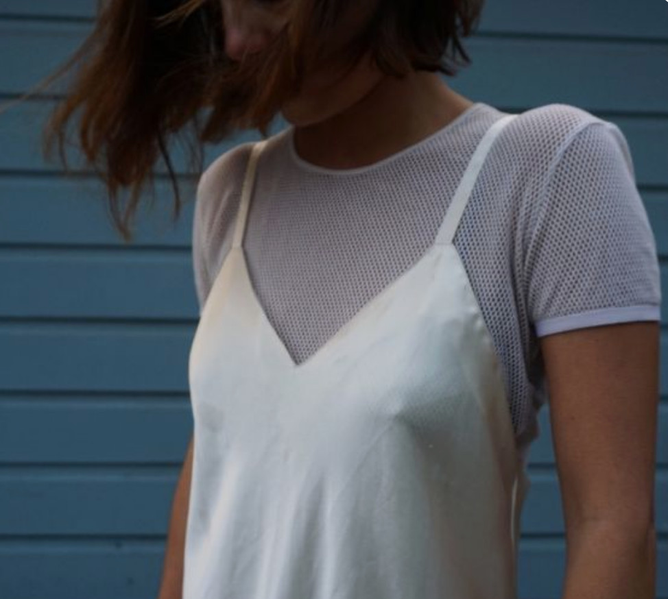 Textural Contrast: White Silk Slip Dress Over Mesh Tee Textural Contrast: White Silk Slip Dress Over Mesh Tee — Slip Dress Over T Shirt