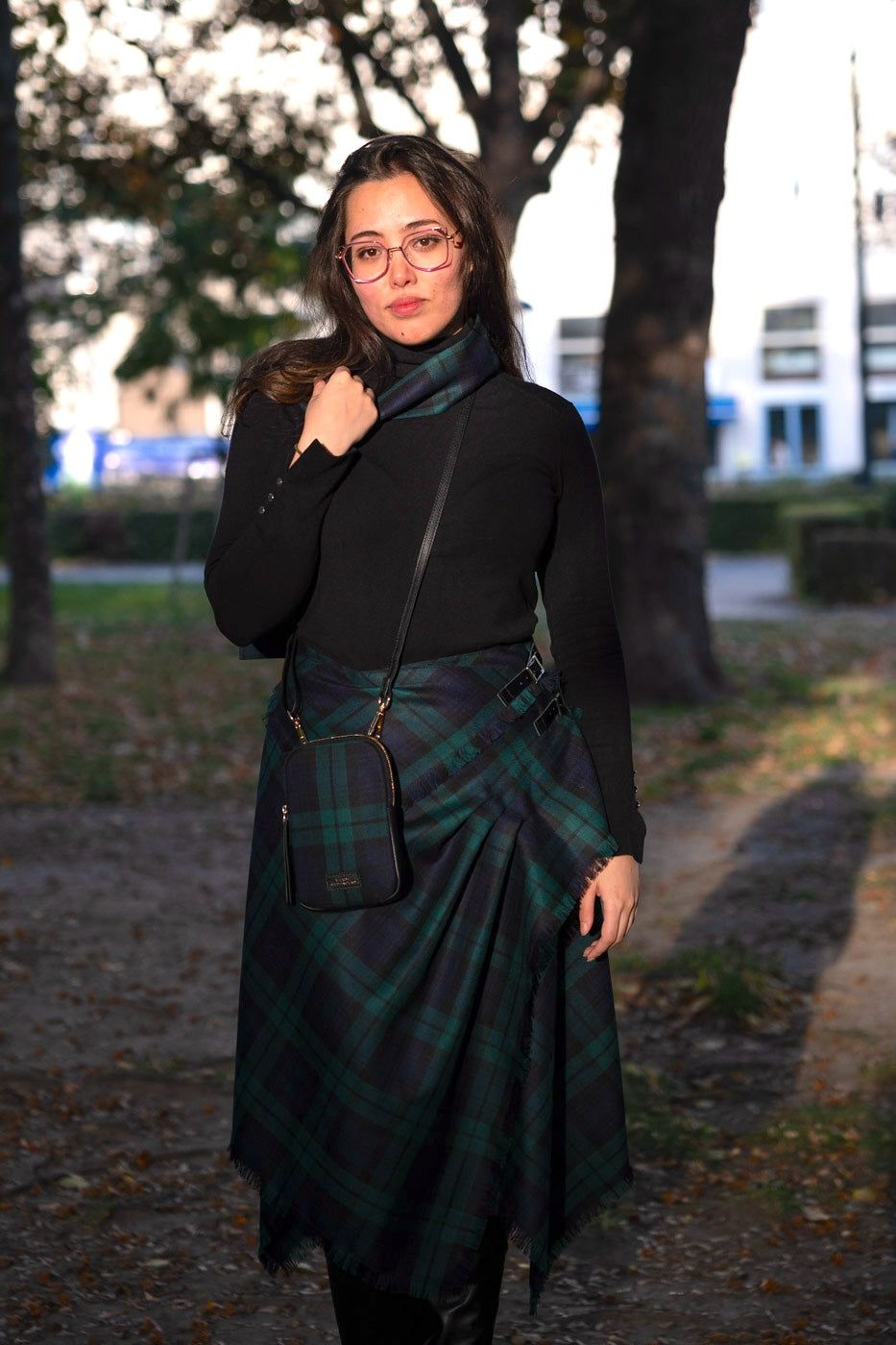 Tartan Kilt Paired with Black Turtleneck and Crossbody Bag — Scotland Outfits