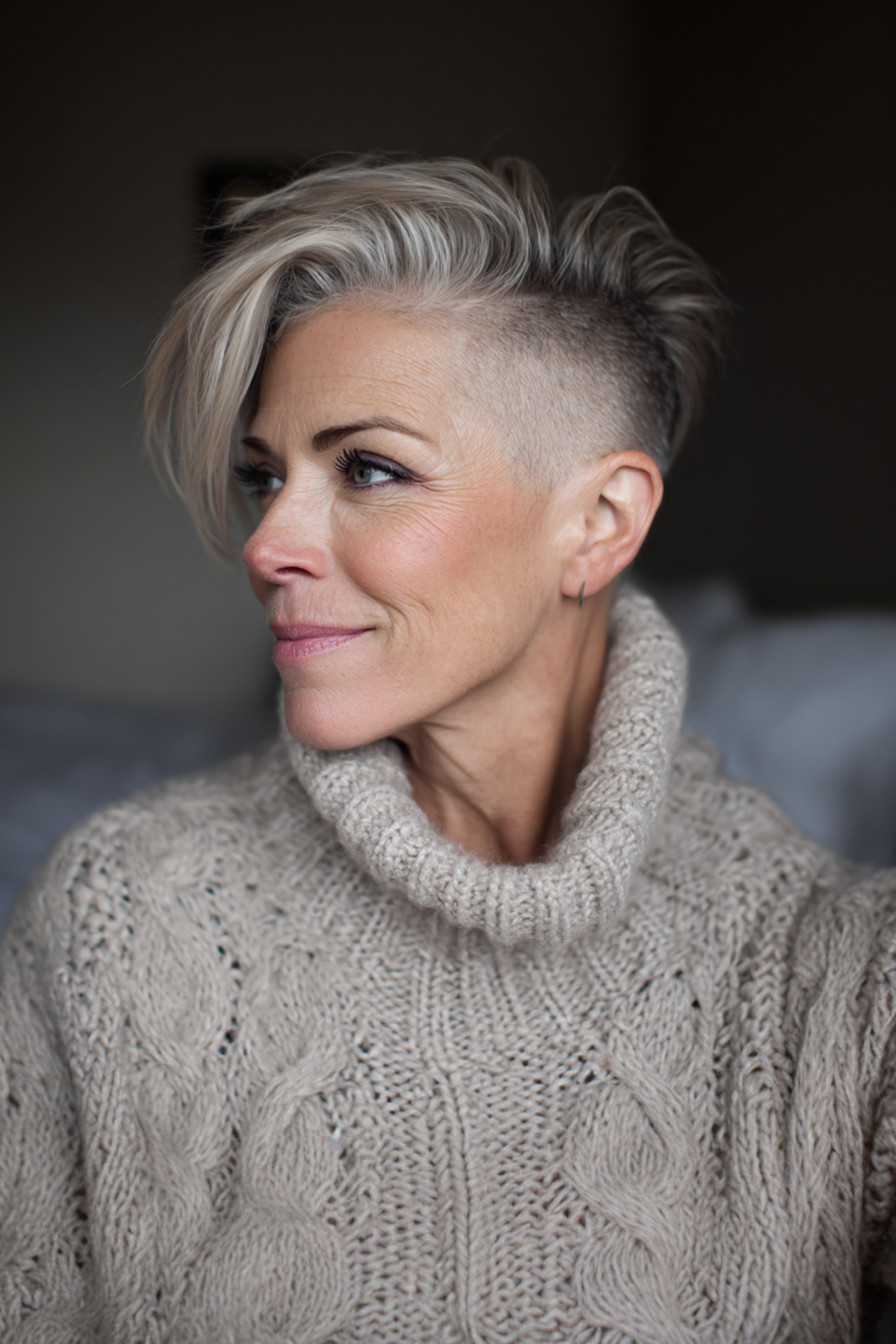 Silver Undercut With Swept Top Silver Undercut With Swept Top — Hair Color Over 50 Short Hair