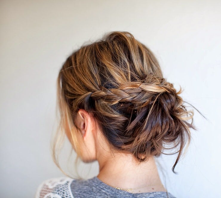 Mid-Back Dark Brown Braided Messy Updo Mid-Back Dark Brown Braided Messy Updo