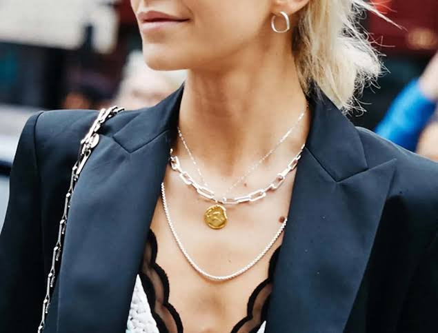 Stylish Stacked Necklaces with Blazer and Lace — Gold Jewelry Stack