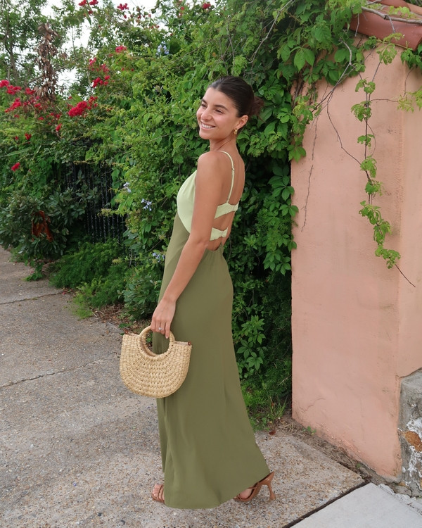 Olive and Light Green Two-Tone Maxi Dress with Back Cutout Olive and Light Green Two-Tone Maxi Dress with Back Cutout — Cutout Dresses