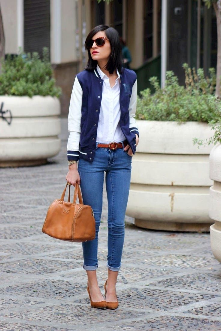 Varsity Jacket with Skinny Jeans and Wedge Heels Varsity Jacket with Skinny Jeans and Wedge Heels — Varsity Jacket Outfits