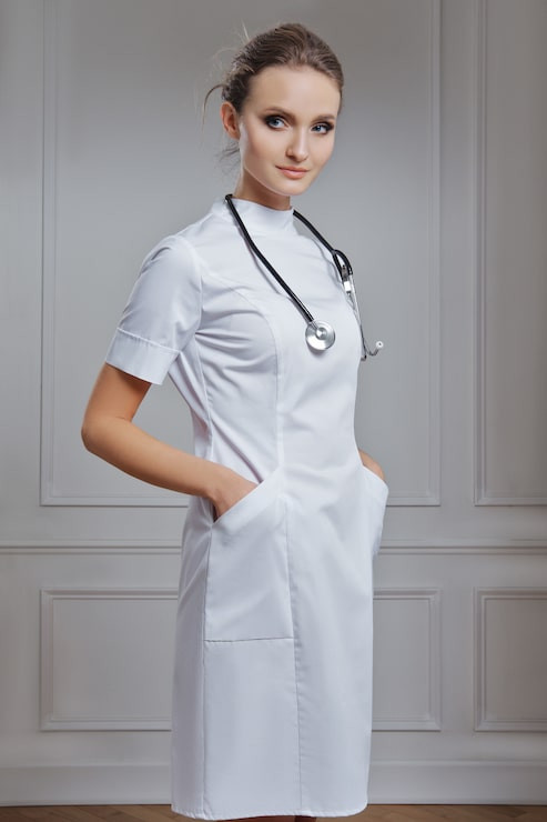 White Lab Coat Dress with Mock Neck Collar White Lab Coat Dress with Mock Neck Collar — Doctor Outfits Women