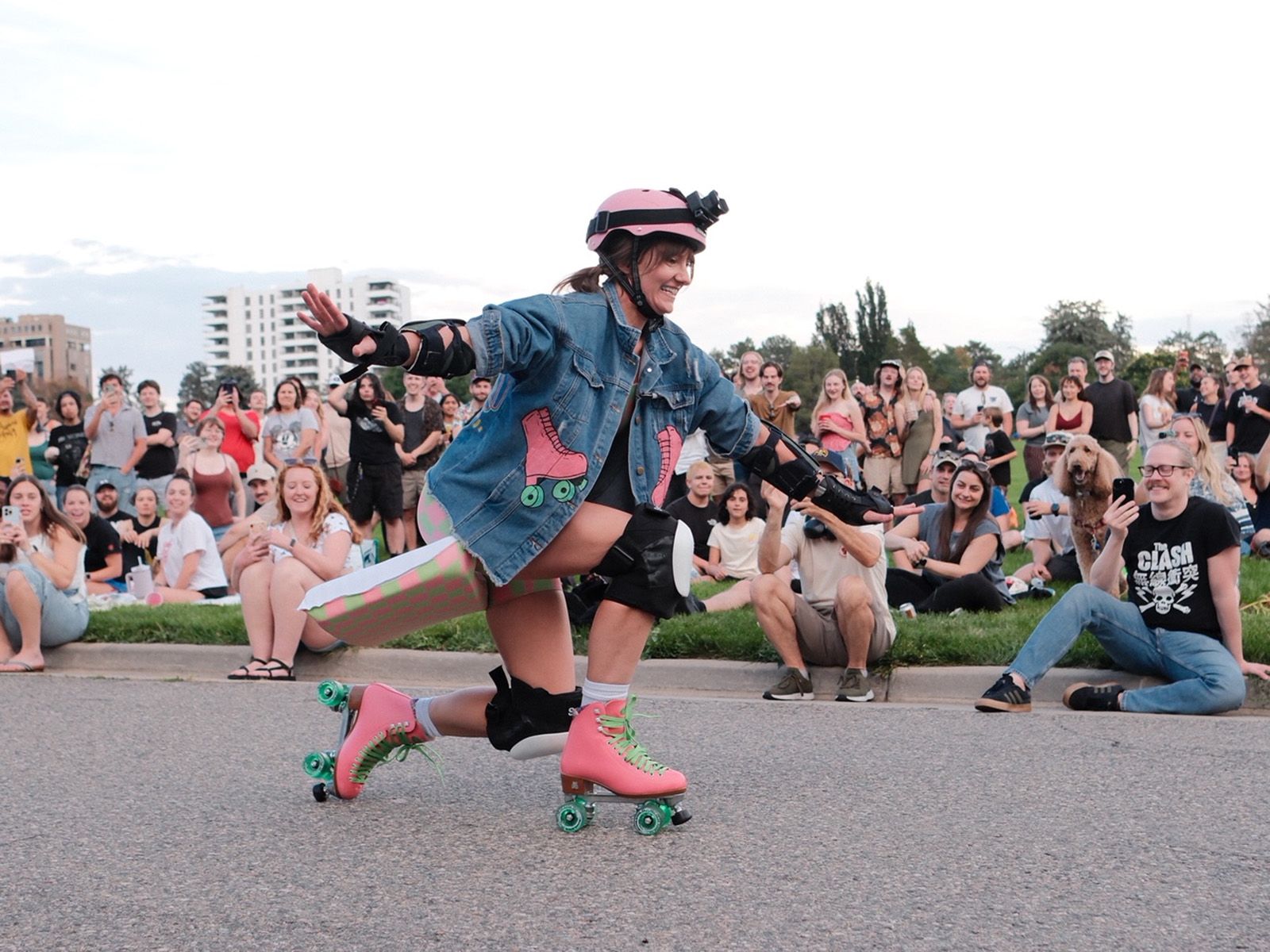 Denim Jacket and Pink Leg Warmers for Active Skating — Roller Skating Outfits