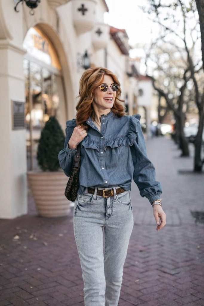 Ruffled Denim Shirt with Straight-Leg Jeans and Brown Loafers Ruffled Denim Shirt with Straight-Leg Jeans and Brown Loafers — Texas Outfits