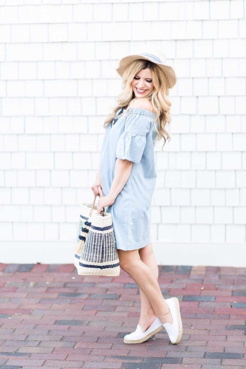Summer Day Out Off-the-Shoulder Denim Dress with Espadrilles for Summer — Outfits for Mom Bod