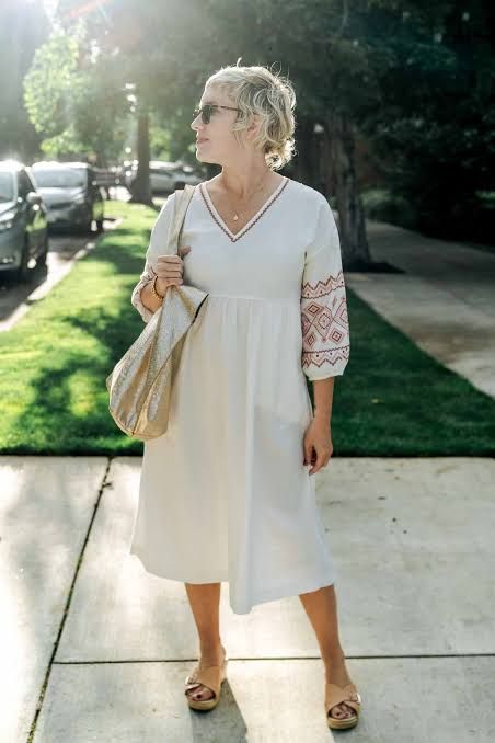 Embroidered White Midi Dress with Tan Slides and Gold Tote — Midi Dress Outfits