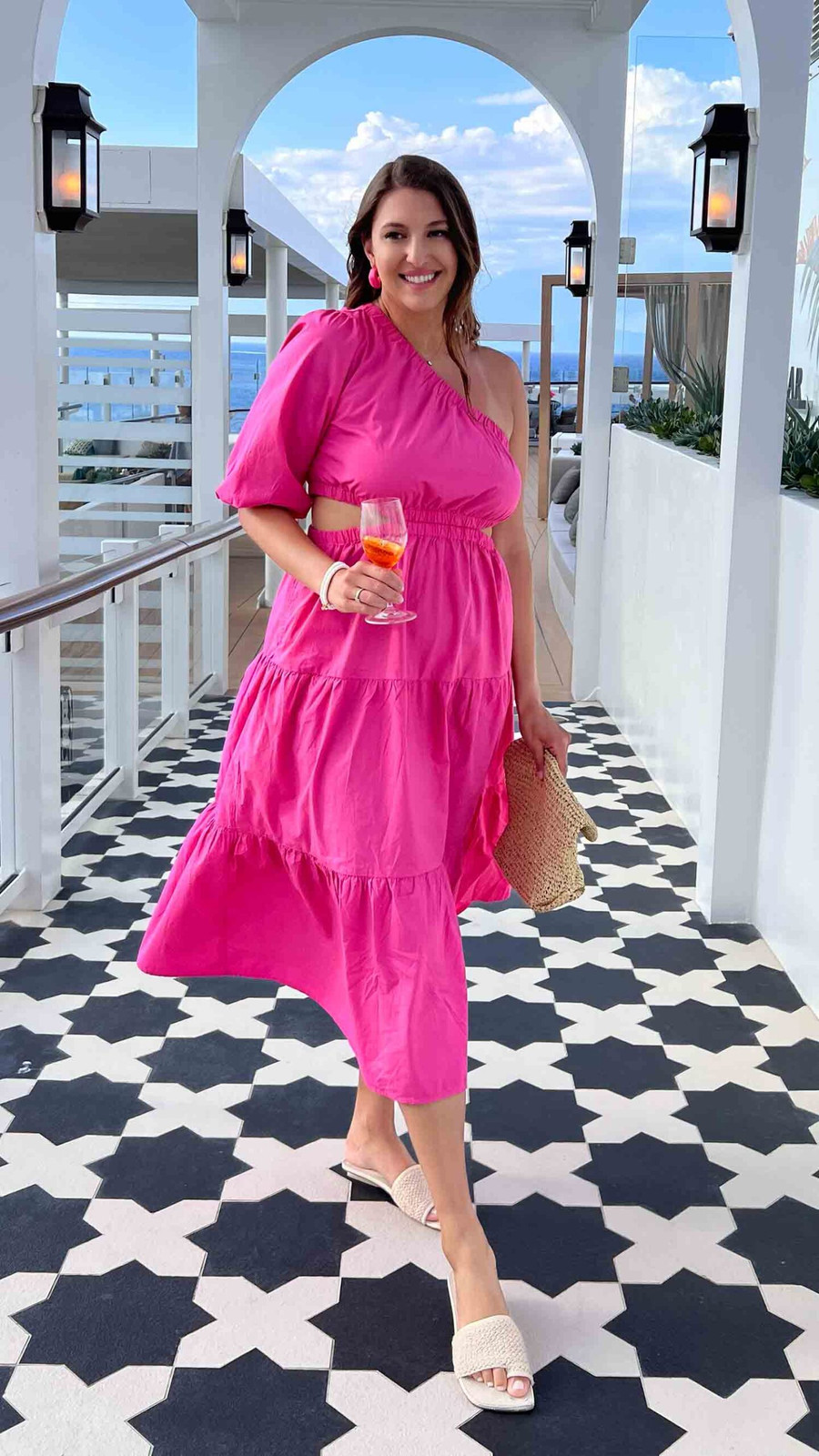 Vibrant Hot Pink One-Shoulder Dress with Cut-Outs — Cruise Dinner Outfits