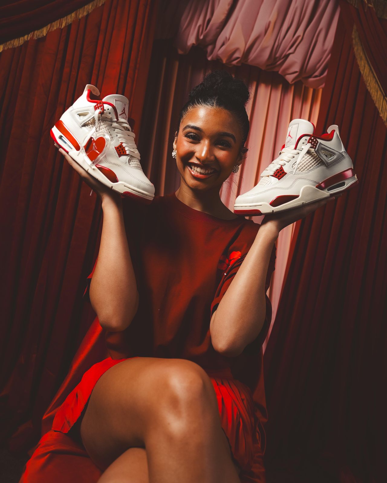 Unexpected Pairing: White and Red Jordan 4s with a Satin Dress Unexpected Pairing: White and Red Jordan 4s with a Satin Dress — Jordan 4 Outfits