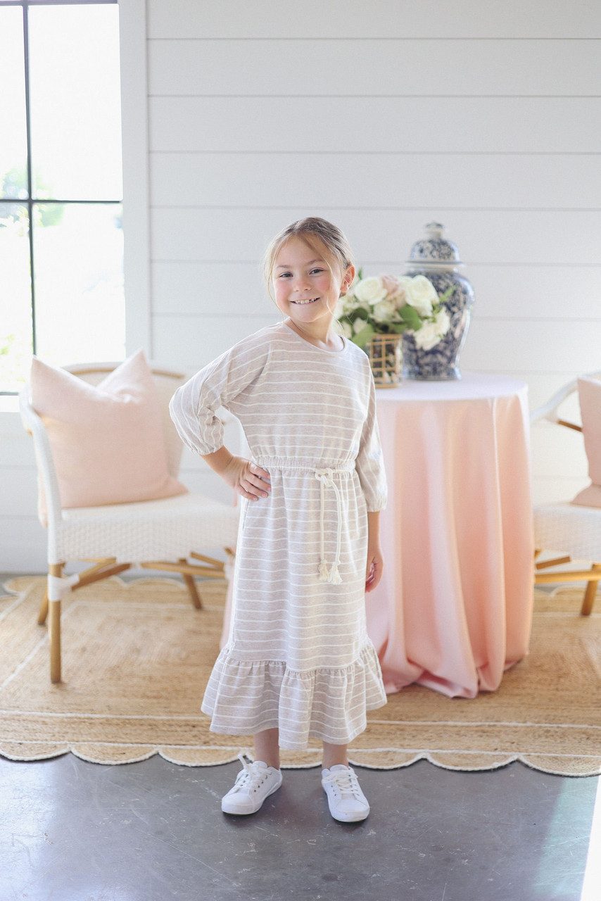 Beige and White Striped Knit Dress with Ruffled Hem — Tween Dresses