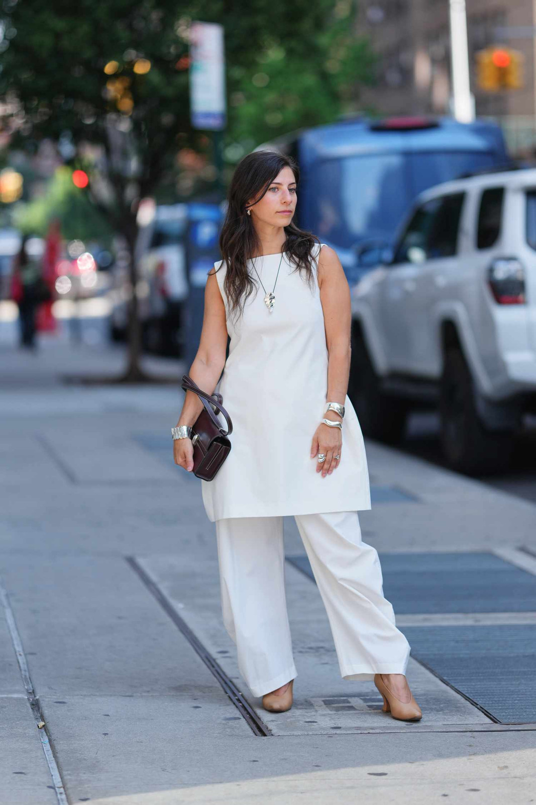 Tan Pointed-Toe Heels Outfit Idea — All White Party Outfits