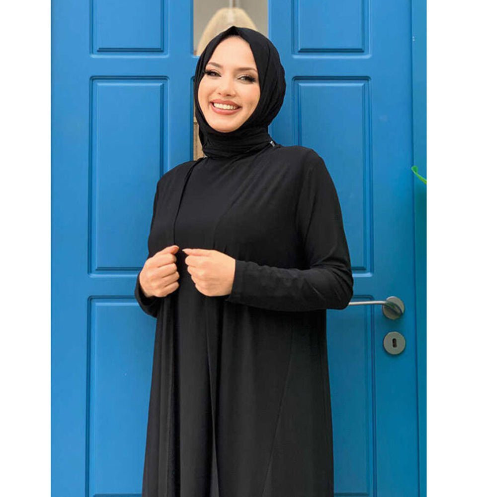 All-Black Ensemble with Open Cardigan and Hijab — Hijab Outfits