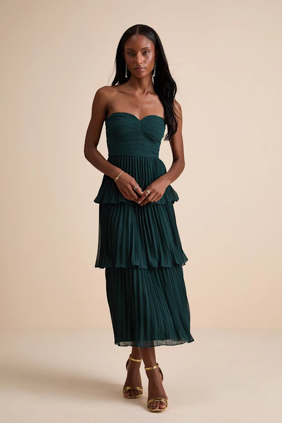 Dark Green Strapless Tiered Midi Dress in Pleated Chiffon Dark Green Strapless Tiered Midi Dress in Pleated Chiffon — Semi Formal Outfits