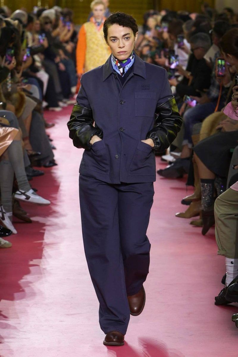 Miu Miu Navy Jacket with Leather Sleeves and Wide-Leg Trousers — Miu Miu Outfits