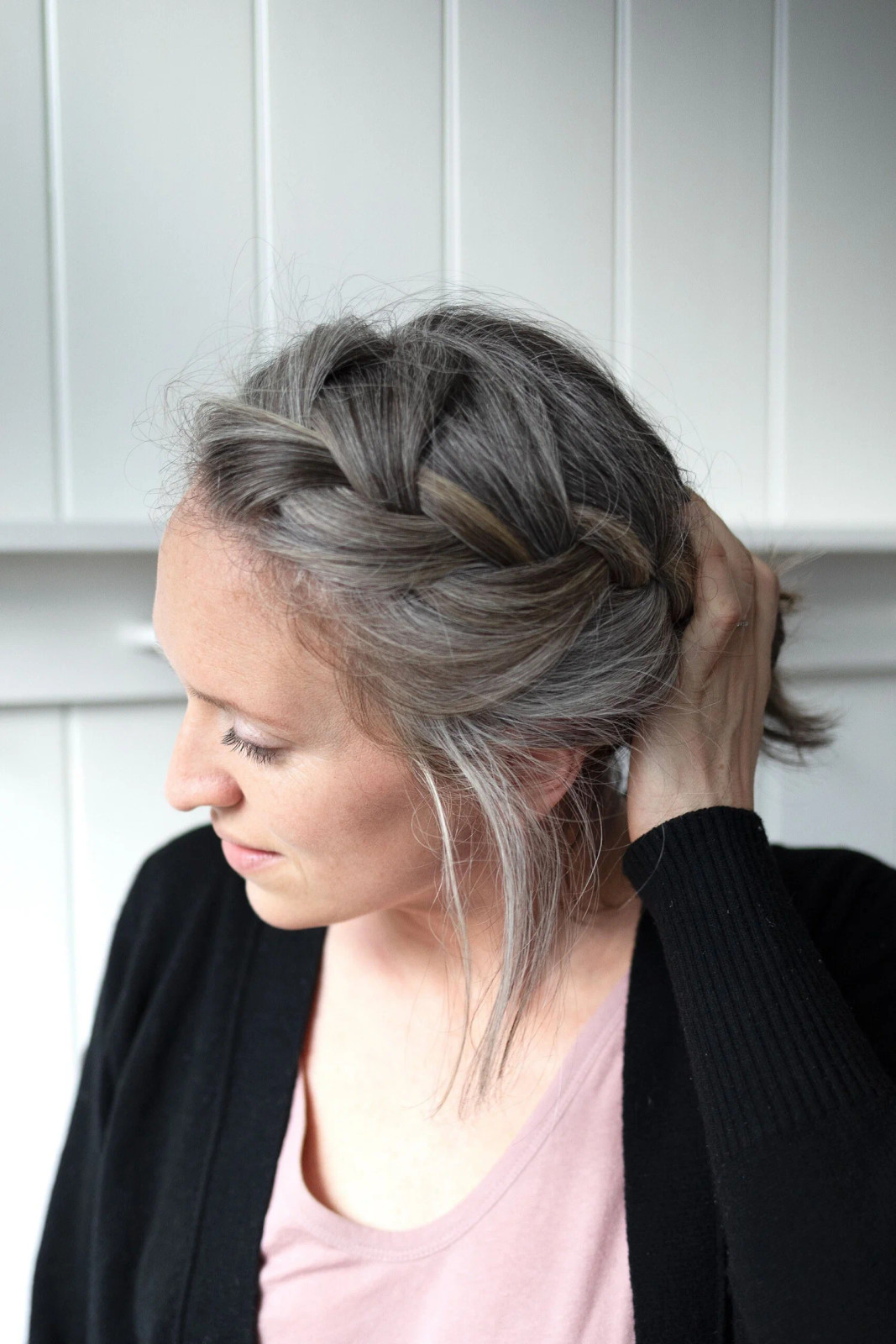 Chin-Length Bob French Braid Detail — Transitioning to Gray Hair