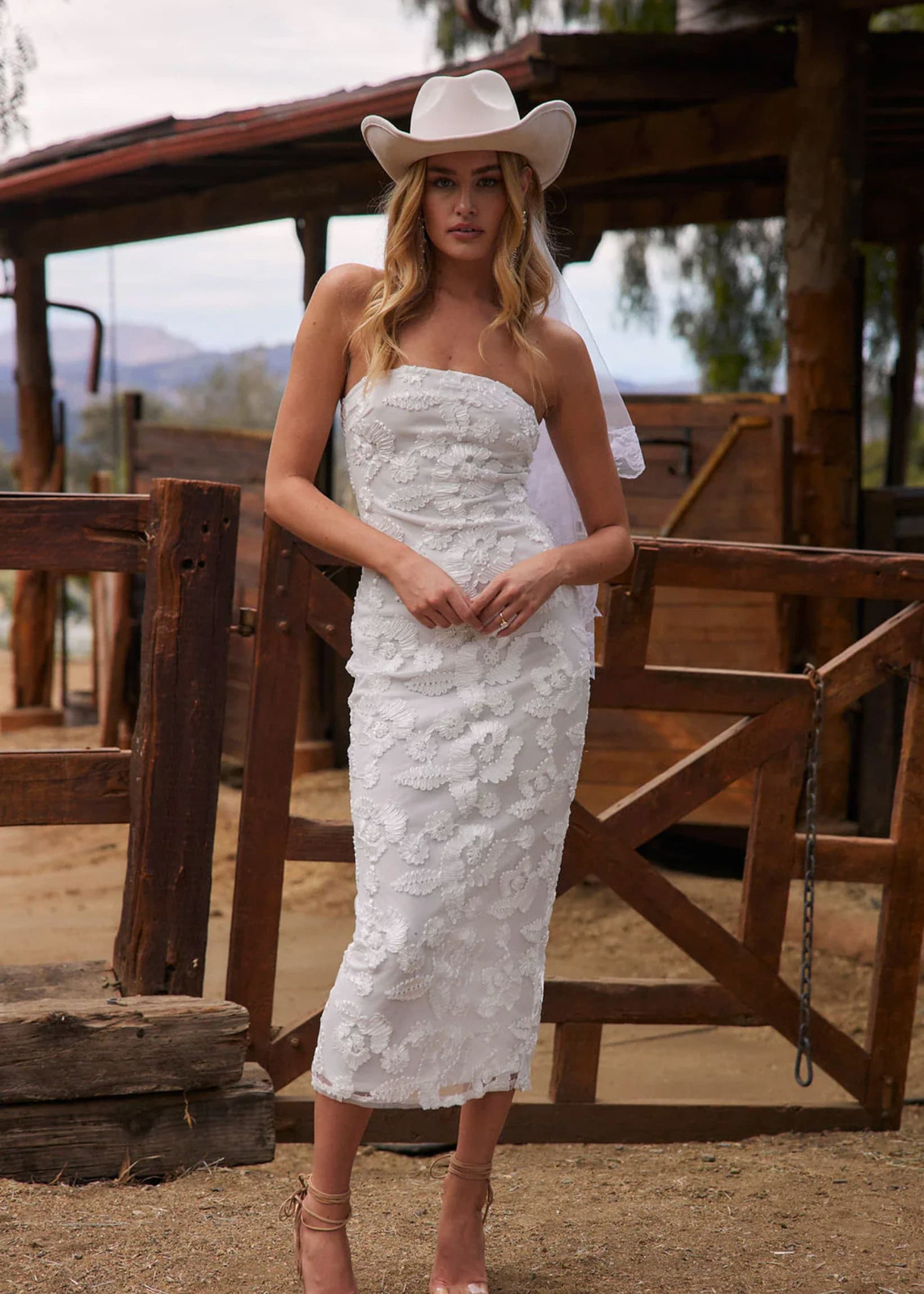Western-Inspired Strapless Midi Dress with Veil — Engagement Photo Dresses