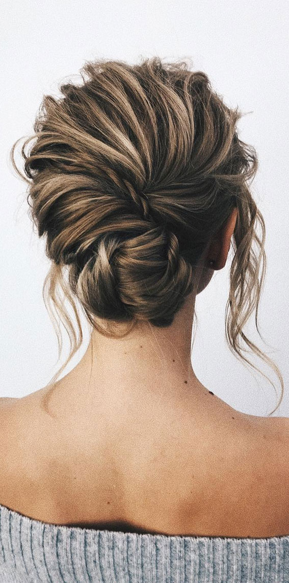 Intricate Twisted Low Bun with Brunette Highlights — Updos for Medium Hair