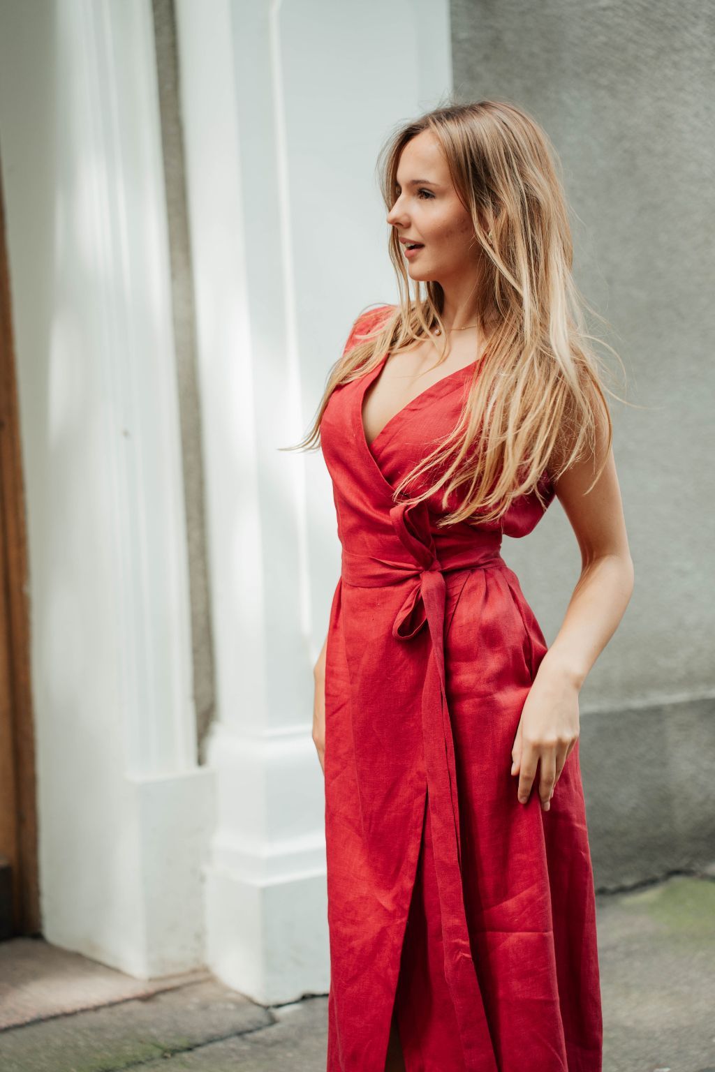 Vibrant Red Linen Wrap Dress for Evening Events — Wrap Dress Outfits