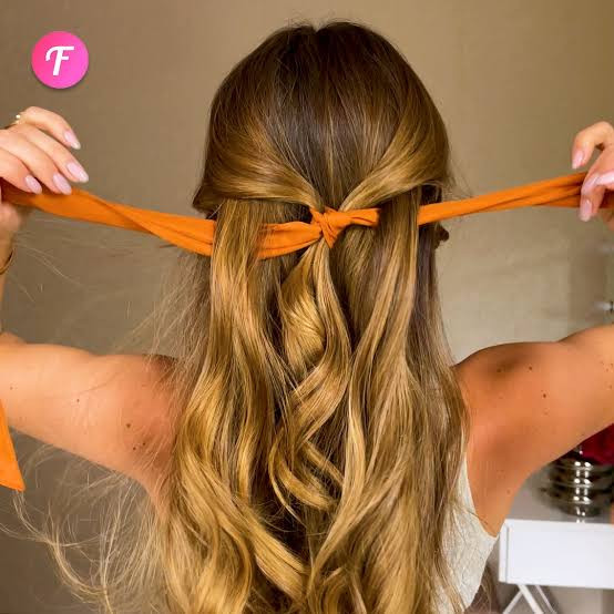 Brown Balayage Half Up Half Down With Orange Ribbon Brown Balayage Half Up Half Down With Orange Ribbon — Ribbon Hairstyles