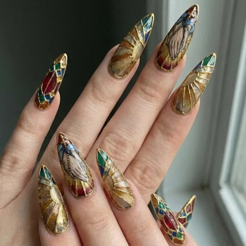 Stained Glass Stiletto Gold Frame Nails Stained Glass Stiletto Gold Frame Nails — Church Nails