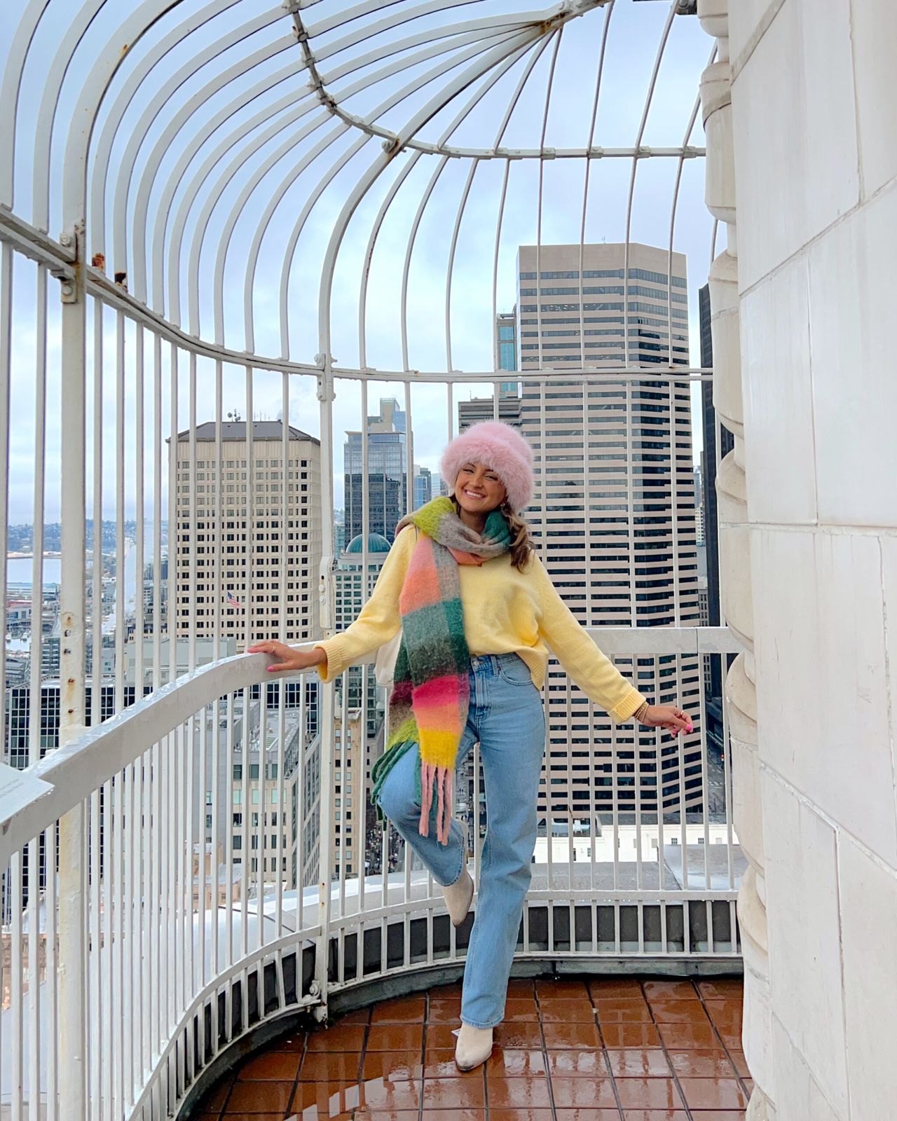 Vibrant Plaid Scarf with Yellow Sweater and Faux Fur Hat Vibrant Plaid Scarf with Yellow Sweater and Faux Fur Hat — Seattle Outfits