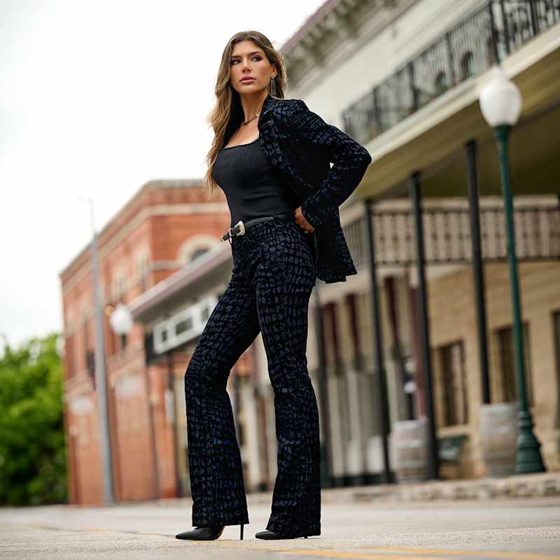 Textured Black Blazer and Flared Trousers — Cowgirl Outfits