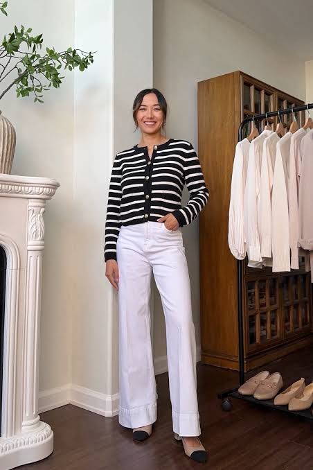 Striped Cardigan and White Trousers for Polished Casual Workwear — Workwear Aesthetic Outfits