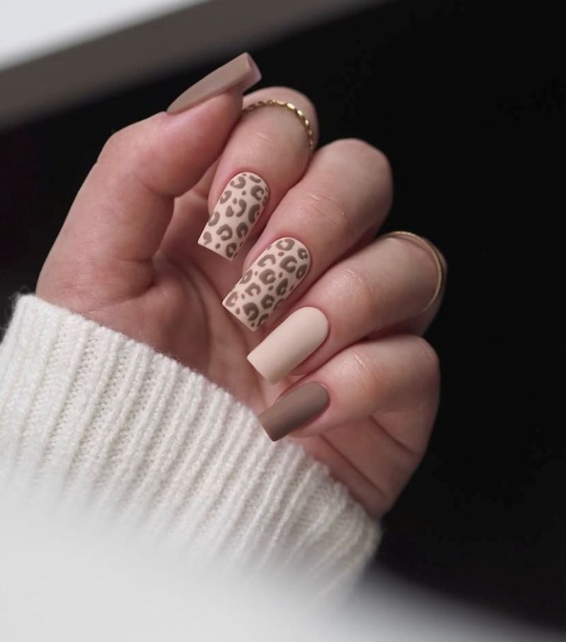 Matte Nude Leopard Accent Square Nails — Animal Print Nails