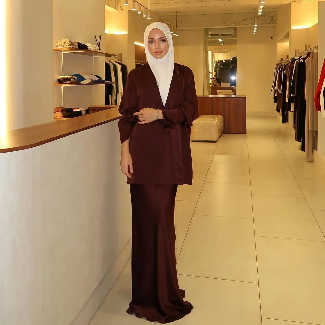 Satin Sophistication: Maroon Blazer and Skirt Set — Hijab Work Outfits