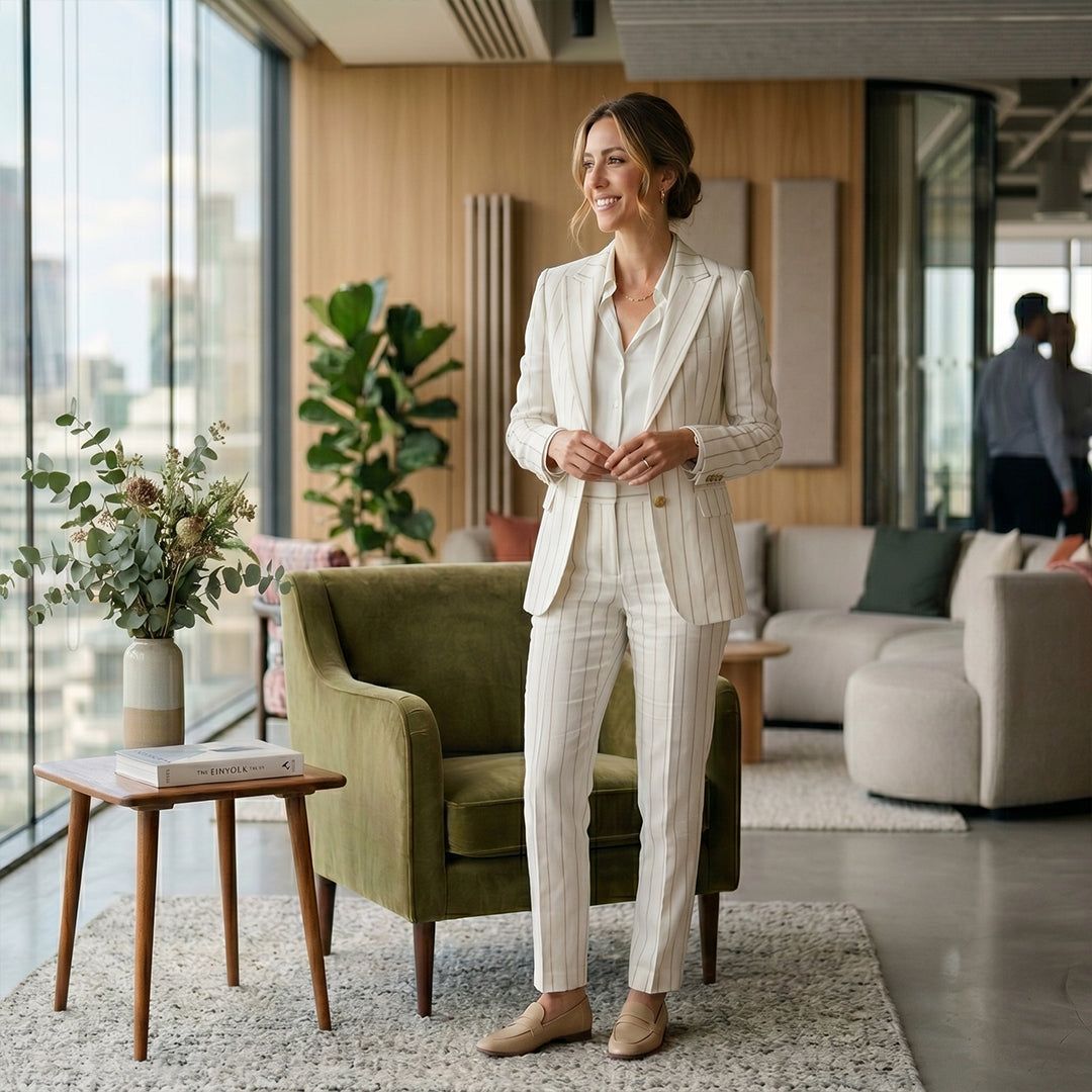 Cream Pinstripe Suit for a Polished Business Ensemble Cream Pinstripe Suit for a Polished Business Ensemble — Business Trip Outfits