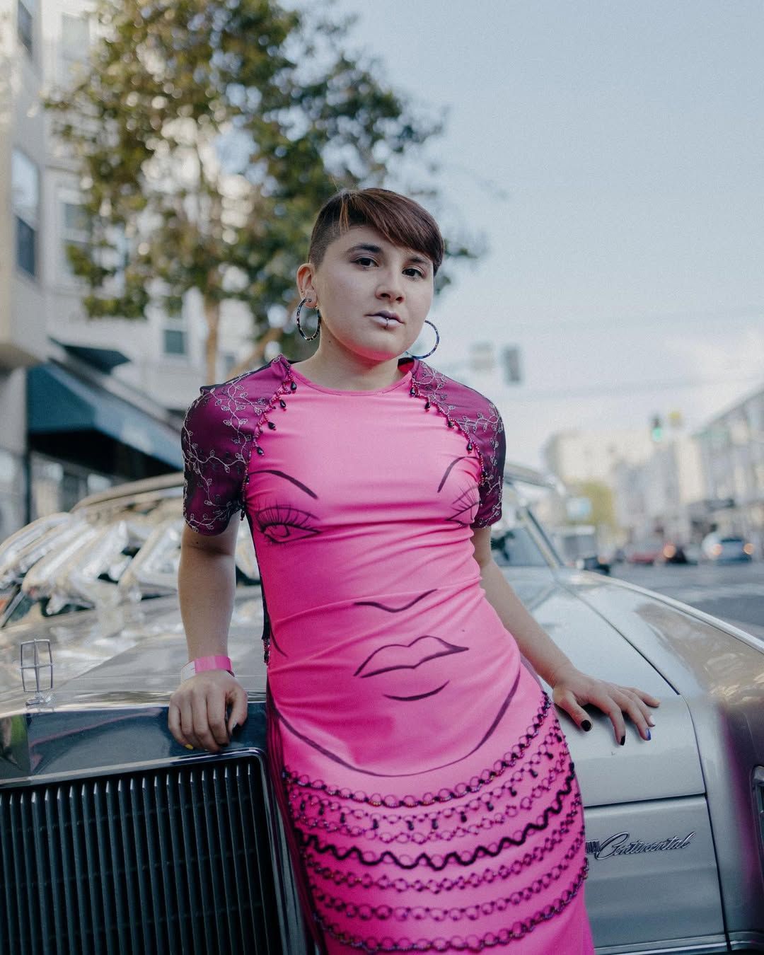Hot Pink Graphic Dress with Embellished Sleeves for a Night Out — San Francisco Outfits