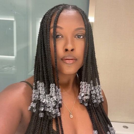 Mid-Back Black Box Braids With Clear Beads — Layered Braids