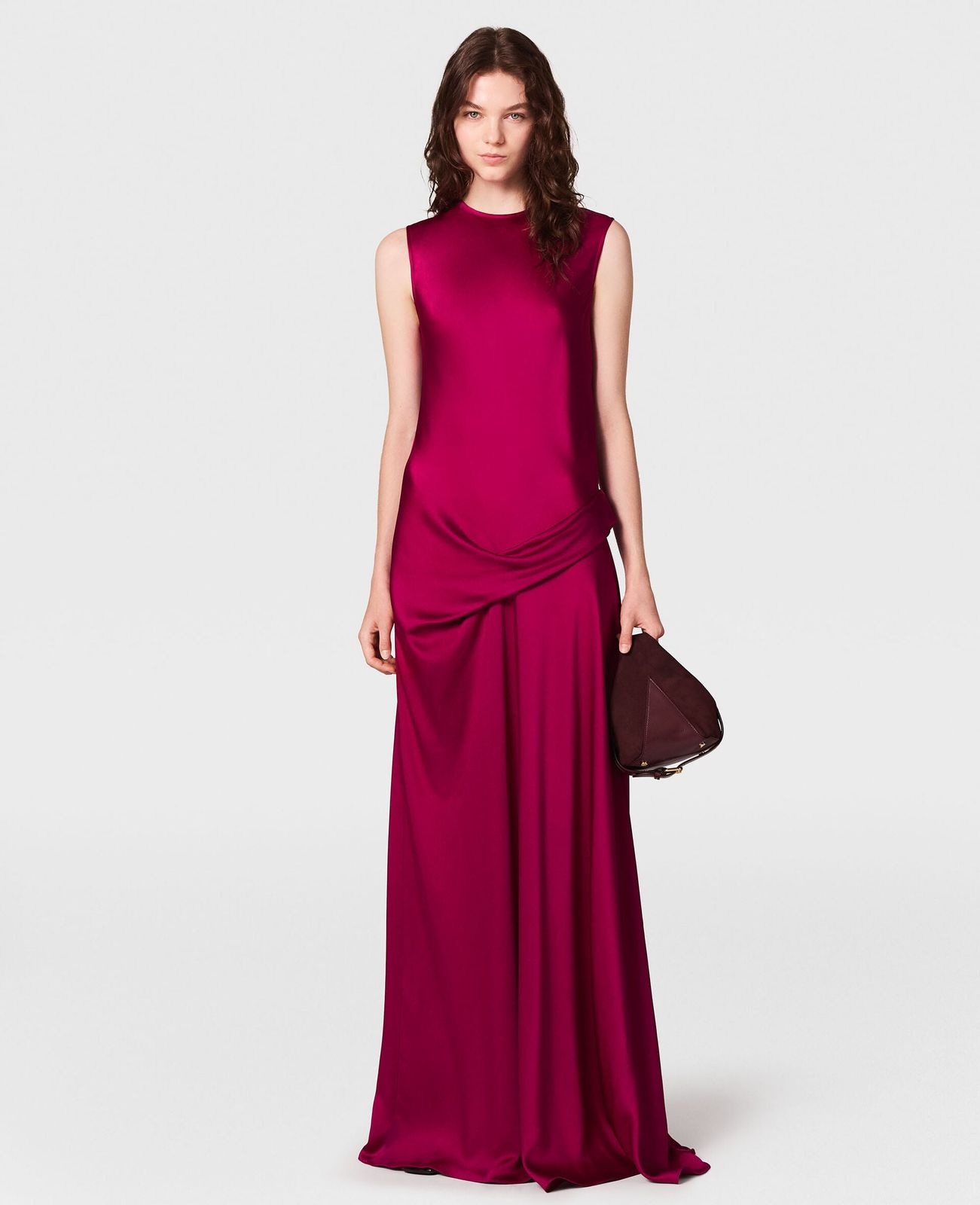 Deep Pink Satin Maxi Dress with Draped Waist — Satin Dresses