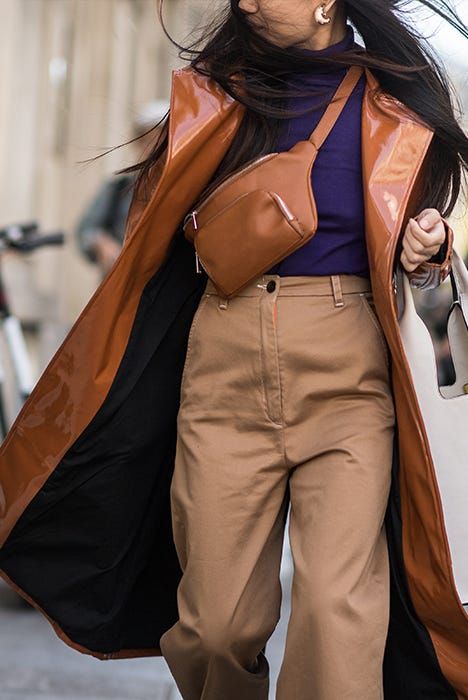 Sophisticated Layers: Tan Fanny Pack with Patent Trench Sophisticated Layers: Tan Fanny Pack with Patent Trench — Fanny Pack Outfits