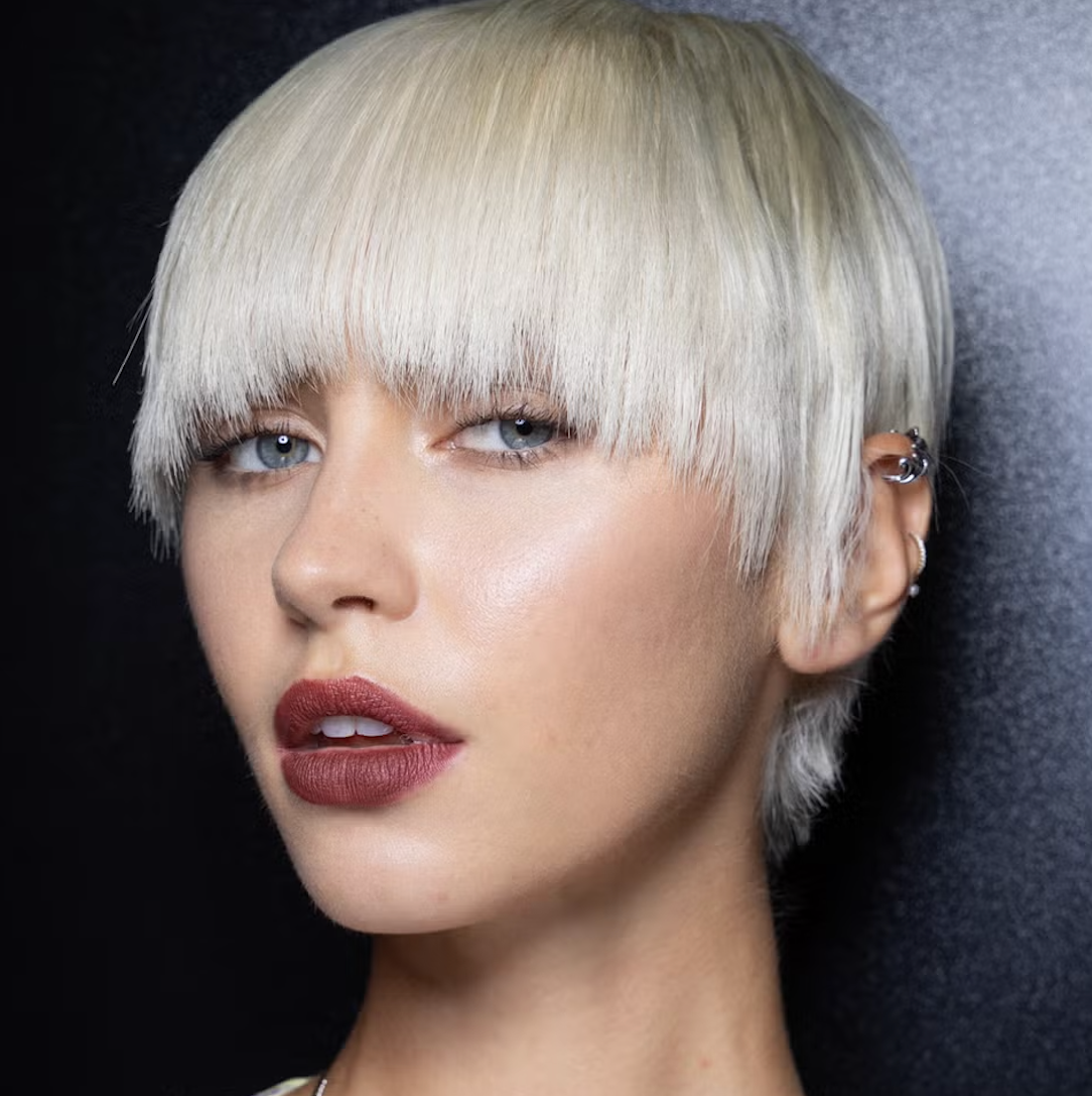 Platinum Bowl Cut With Blunt Fringe Platinum Bowl Cut With Blunt Fringe — Short Hair with Bangs