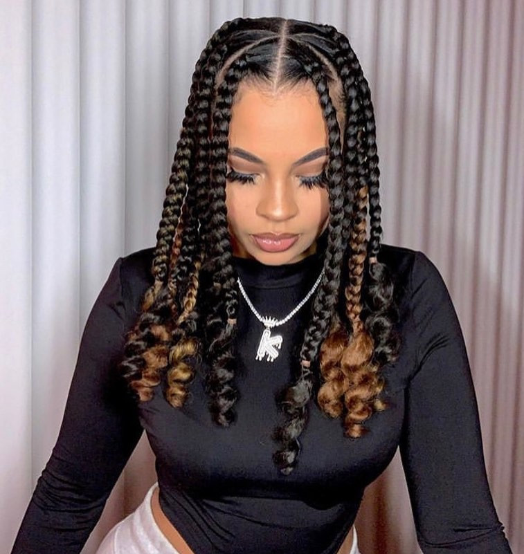 Mid-Back Braids With Brown Curly Tips Mid-Back Braids With Brown Curly Tips — Goddess Box Braids