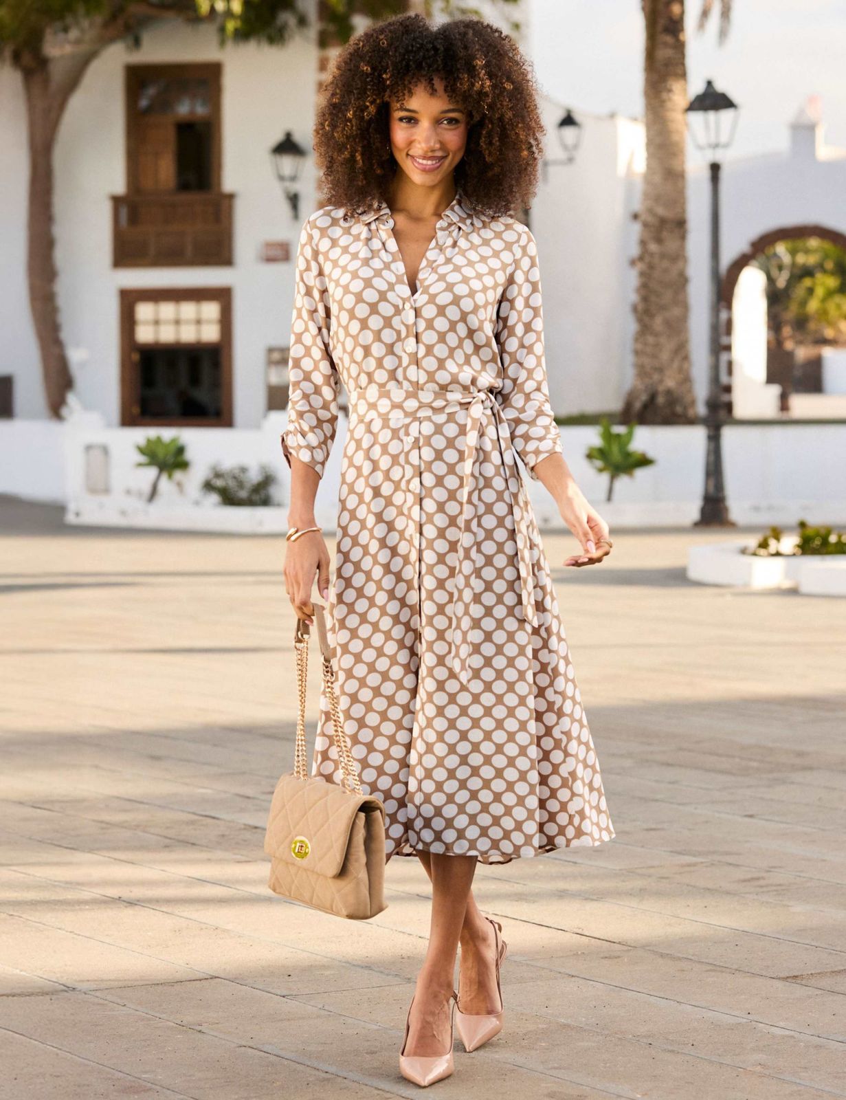 Brown Polka Dot Midi Wrap Dress for Smart Casual Brown Polka Dot Midi Wrap Dress for Smart Casual — Polka Dot Dresses