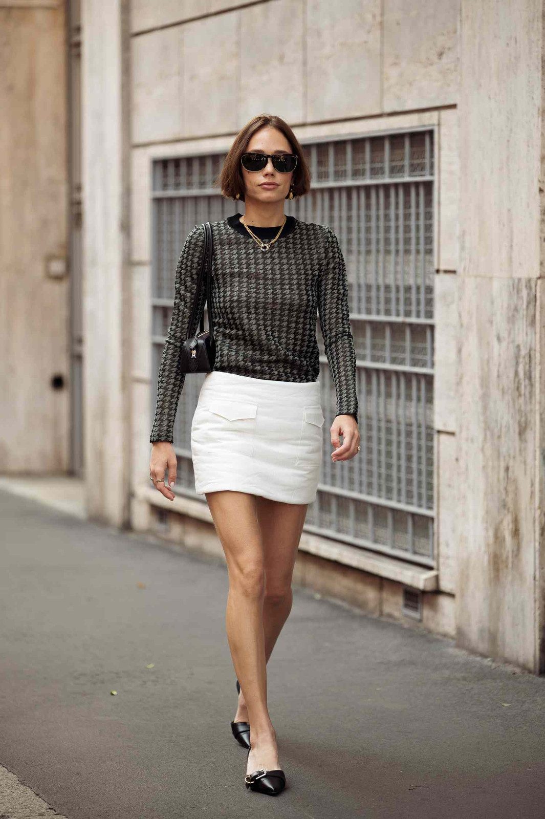 Black Pumps with Buckle Detail, Houndstooth Top and Mini Skirt — Pumps Outfits